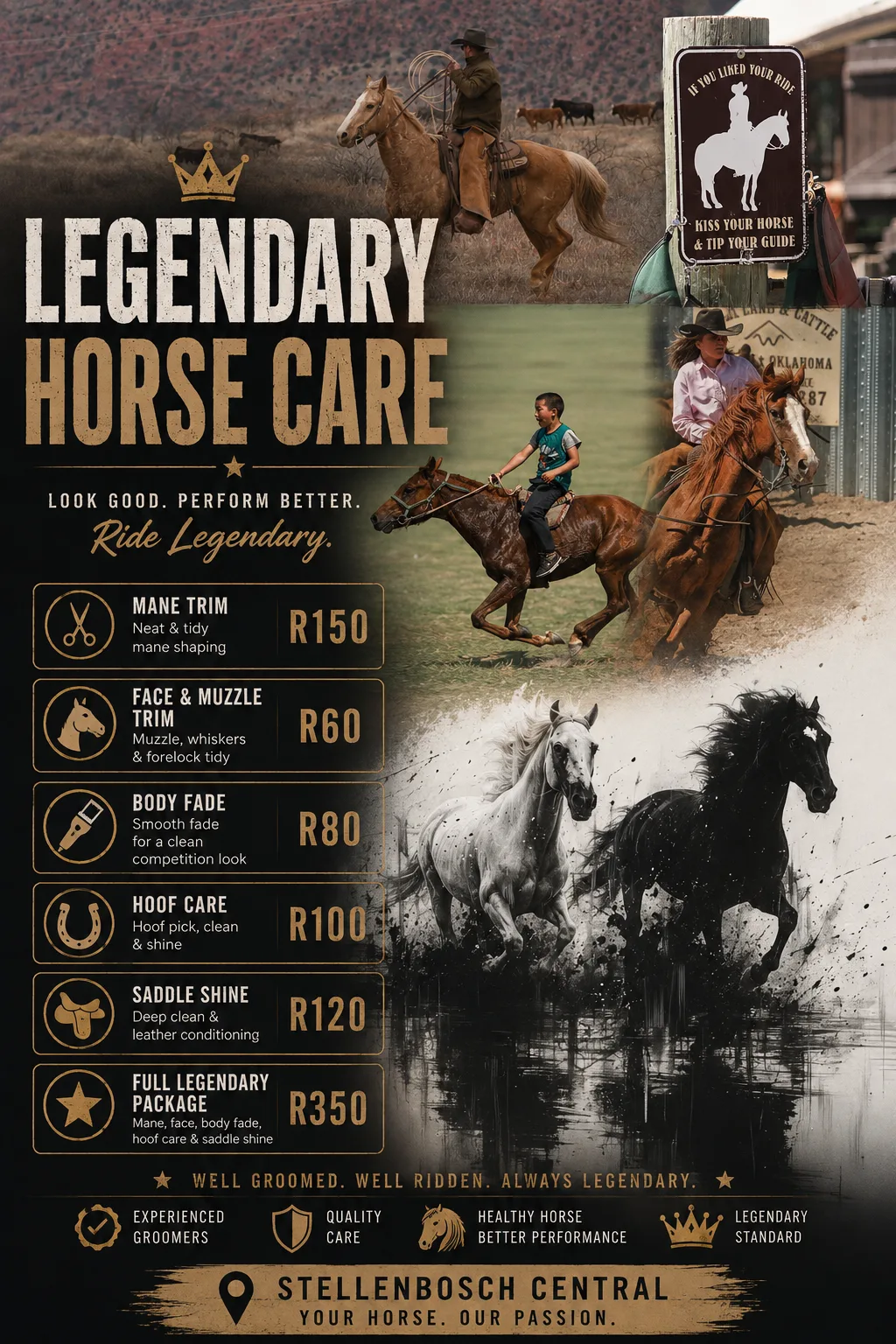Poster listing horse-care services and prices